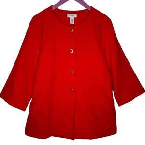 Carmen Marc Valvo Red Orange 3/4 Sleeve Chunky Button Swing Coat Pockets Size M